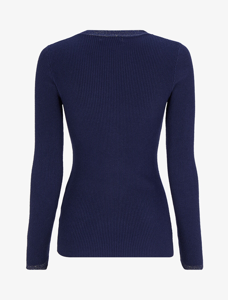 Pull côtelé à col V irisé et boutons en strass - Marine - 2
