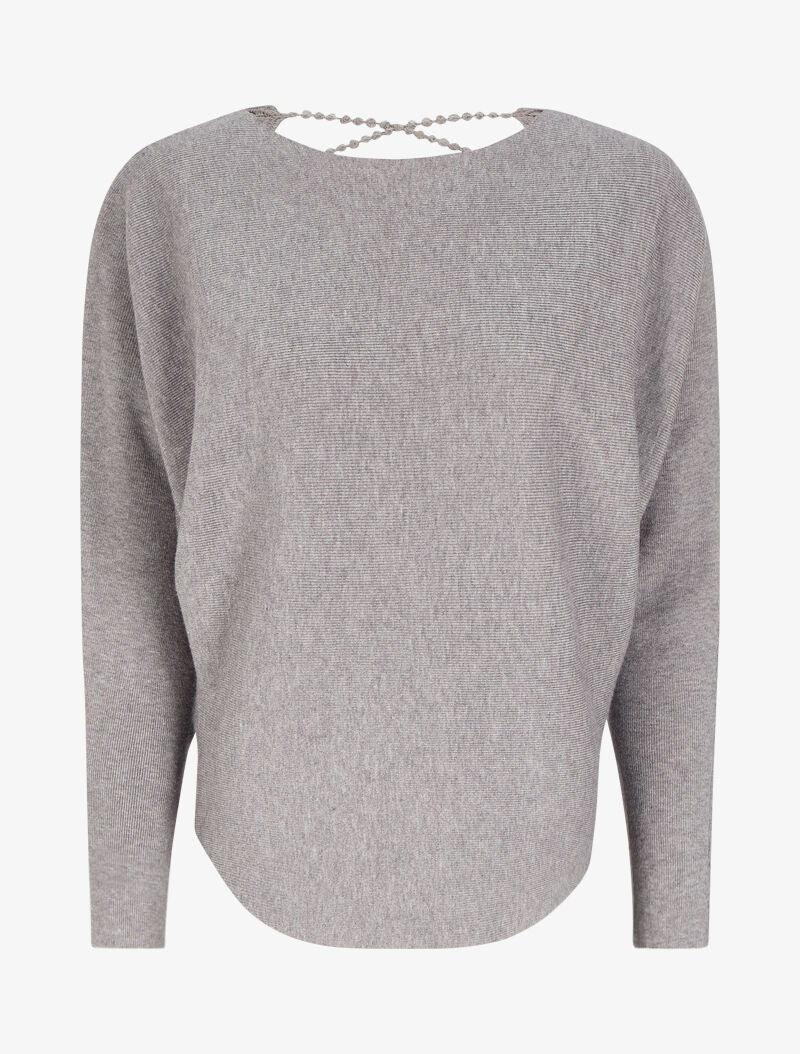Pull à dos en crochet ajouré et manches dolman - Gris chiné - 1