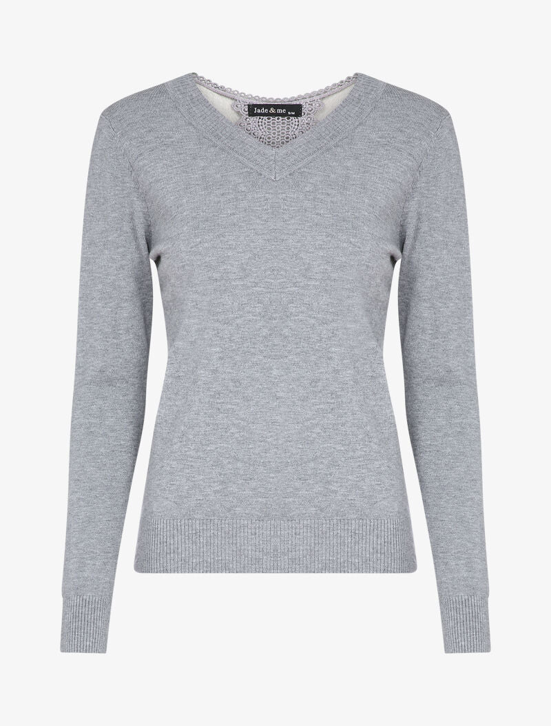 Pull fin à dos en dentelle ajourée - Gris - 4