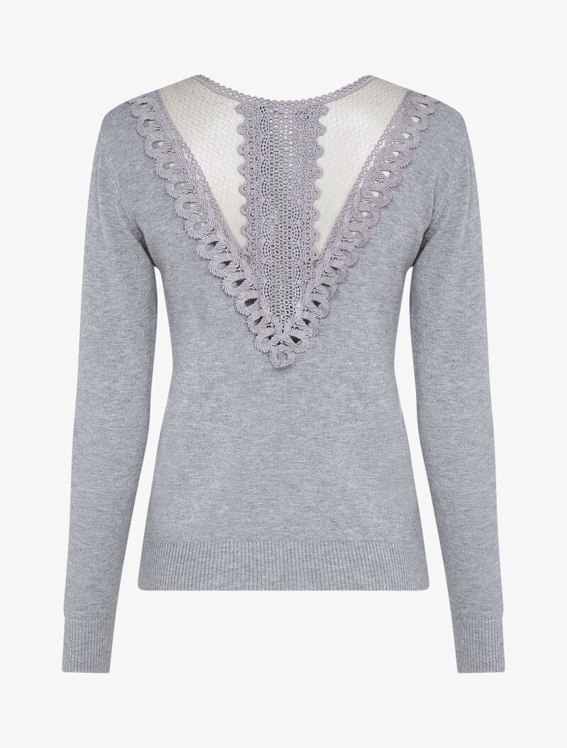 Pull fin à dos en dentelle ajourée - Gris - 2