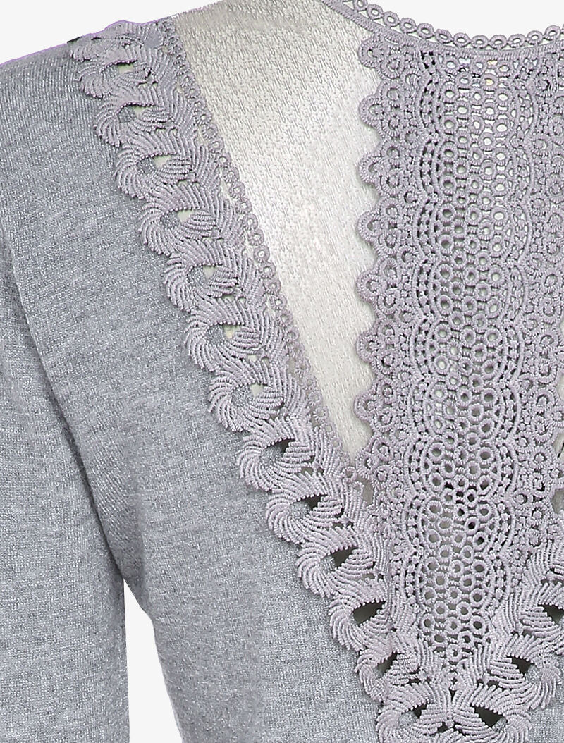 Pull fin à dos en dentelle ajourée - Gris - 3