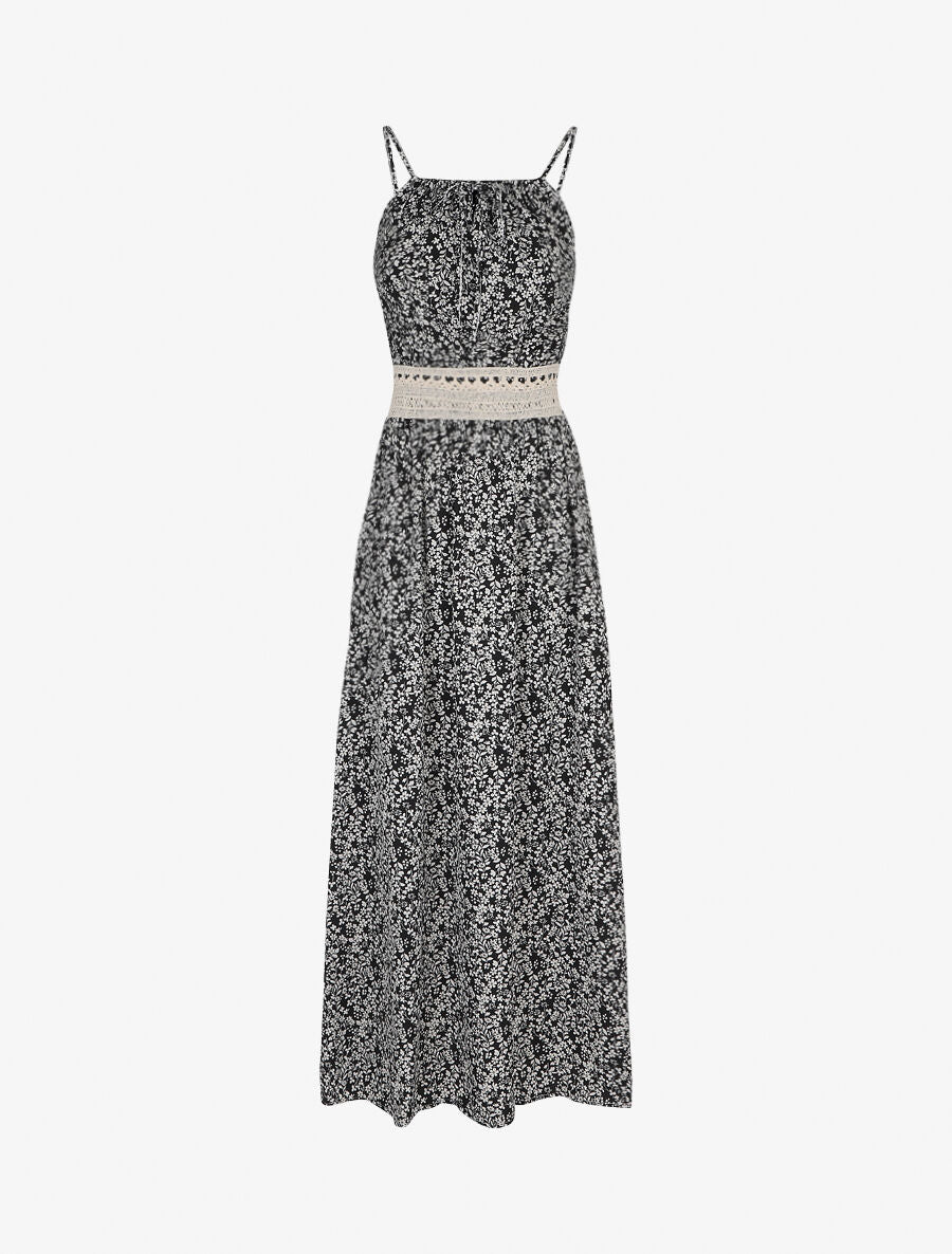 Robe longue à motifs fleuris et taille brodée - Noir - 1