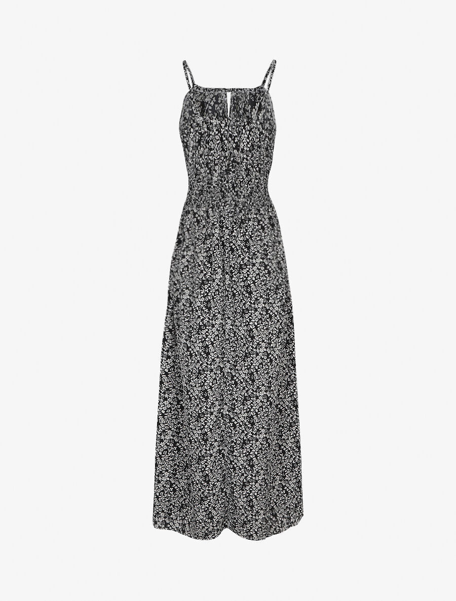 Robe longue à motifs fleuris et taille brodée - Noir - 2