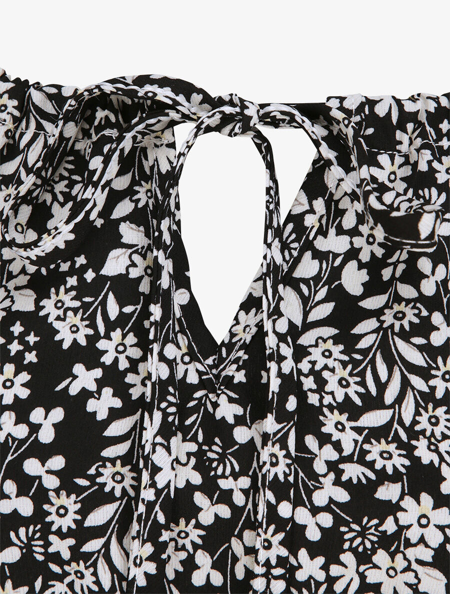 Robe longue à motifs fleuris et taille brodée - Noir - 3