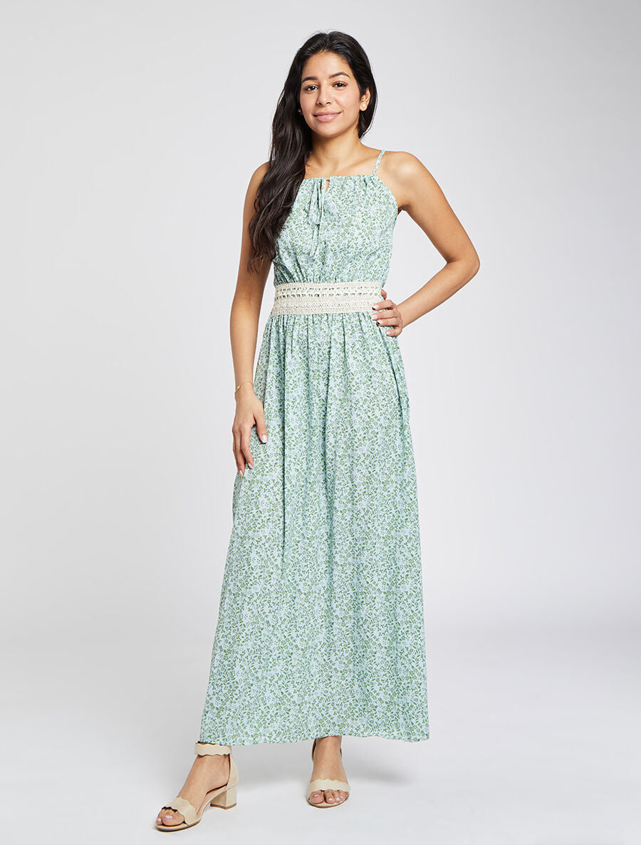 Robe longue à motifs fleuris et taille brodée - Bleu ciel - 5