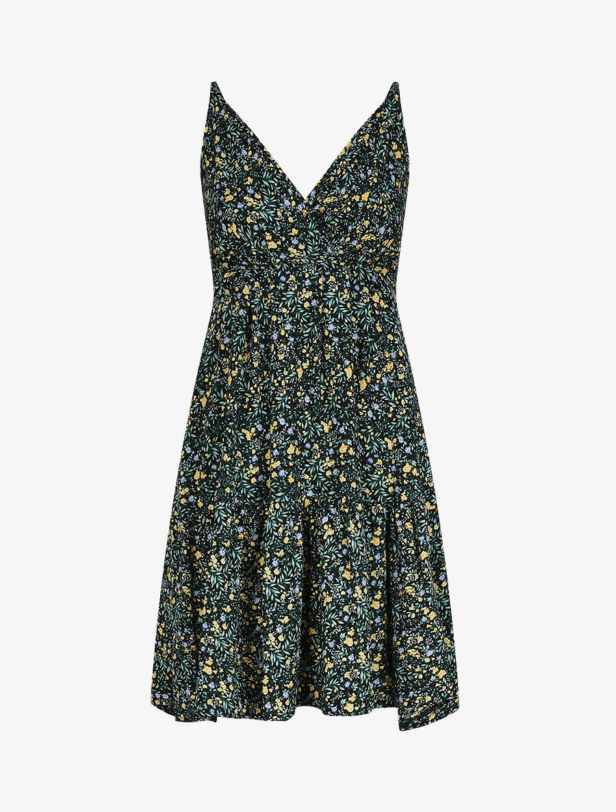 Robe patineuse mi-longue à imprimé fleurs champêtres - Noir - 1