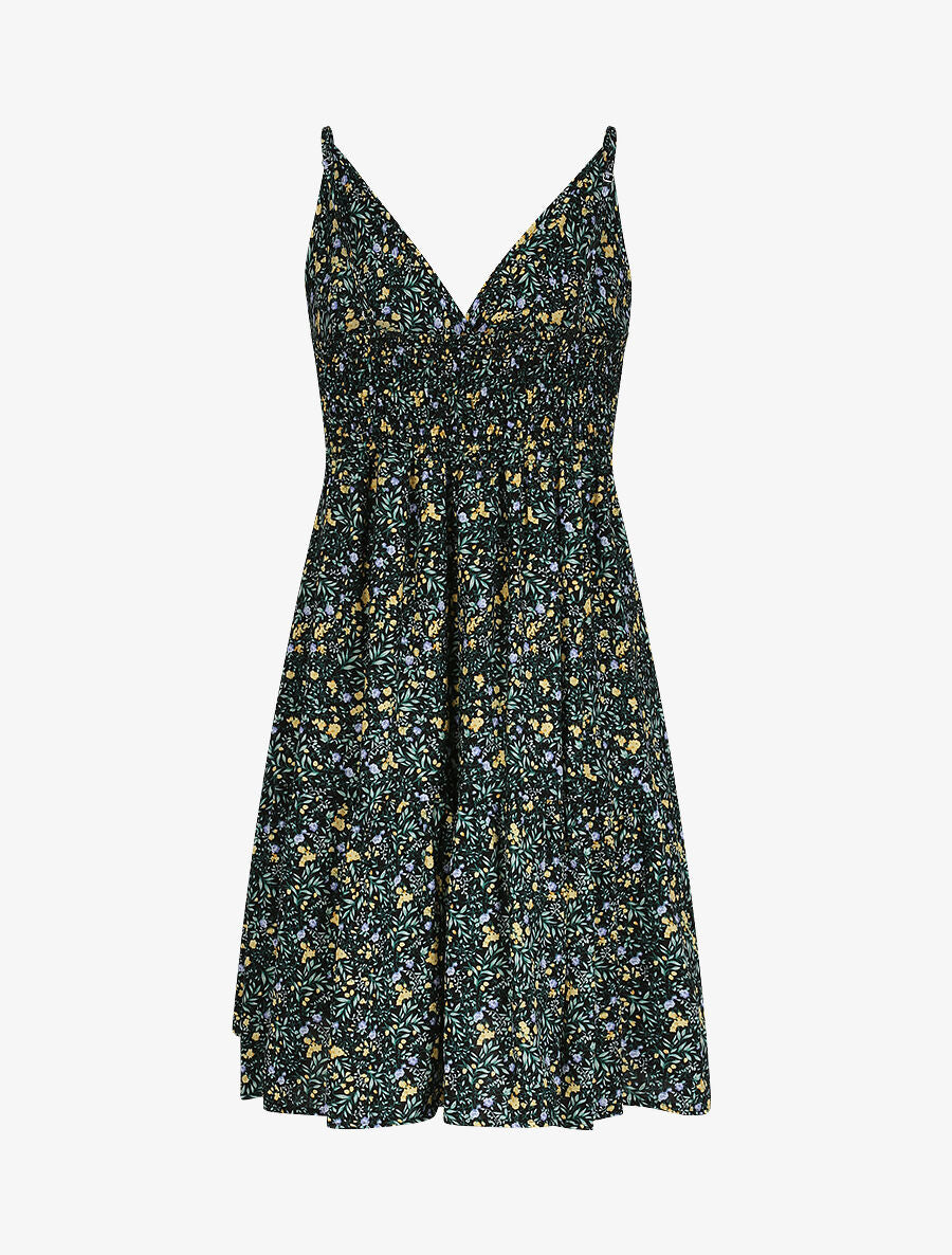 Robe patineuse mi-longue à imprimé fleurs champêtres - Noir - 2