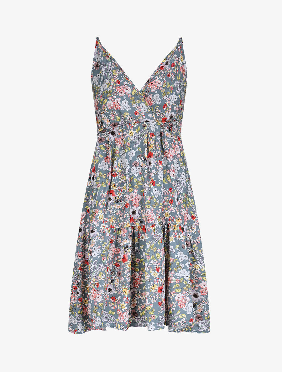 Robe patineuse mi-longue à imprimé fleurs printanières - Gris - 5