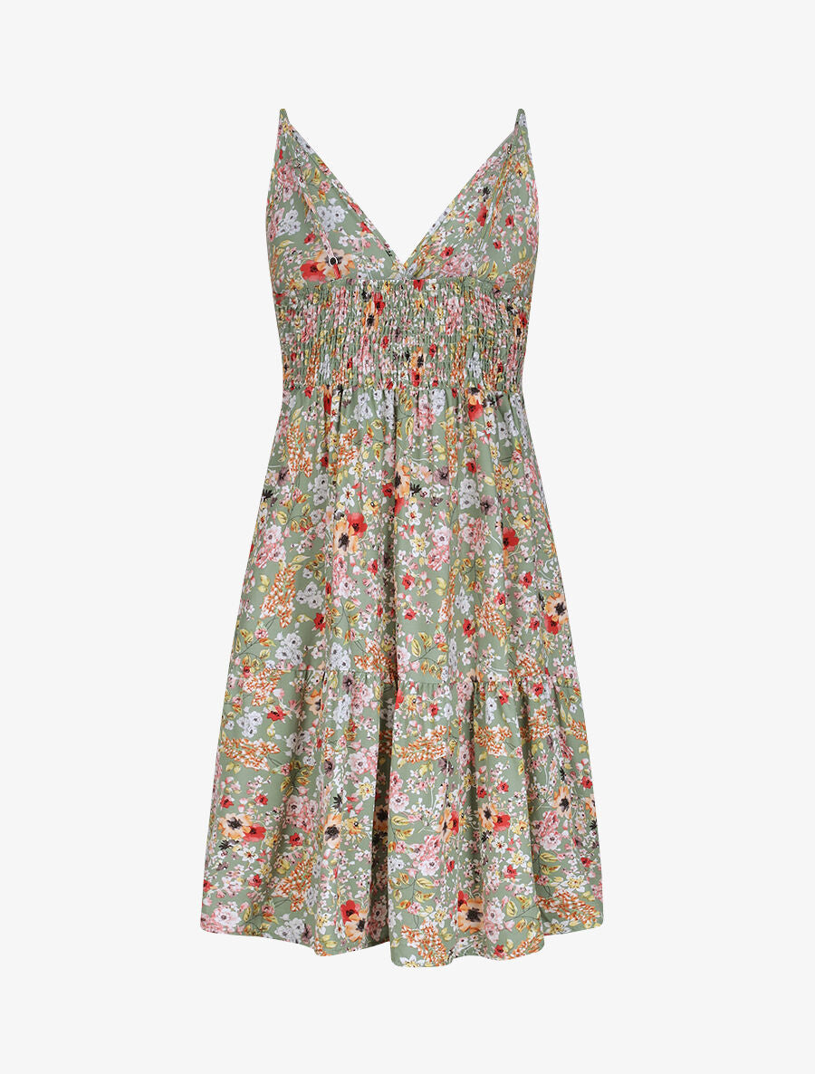 Robe patineuse mi-longue à imprimé fleurs printanières - Vert - 2