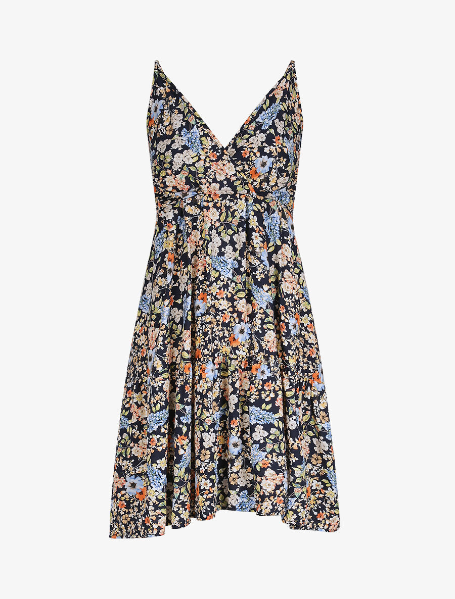 Robe patineuse mi-longue à imprimé fleurs printanières - Marine - 1