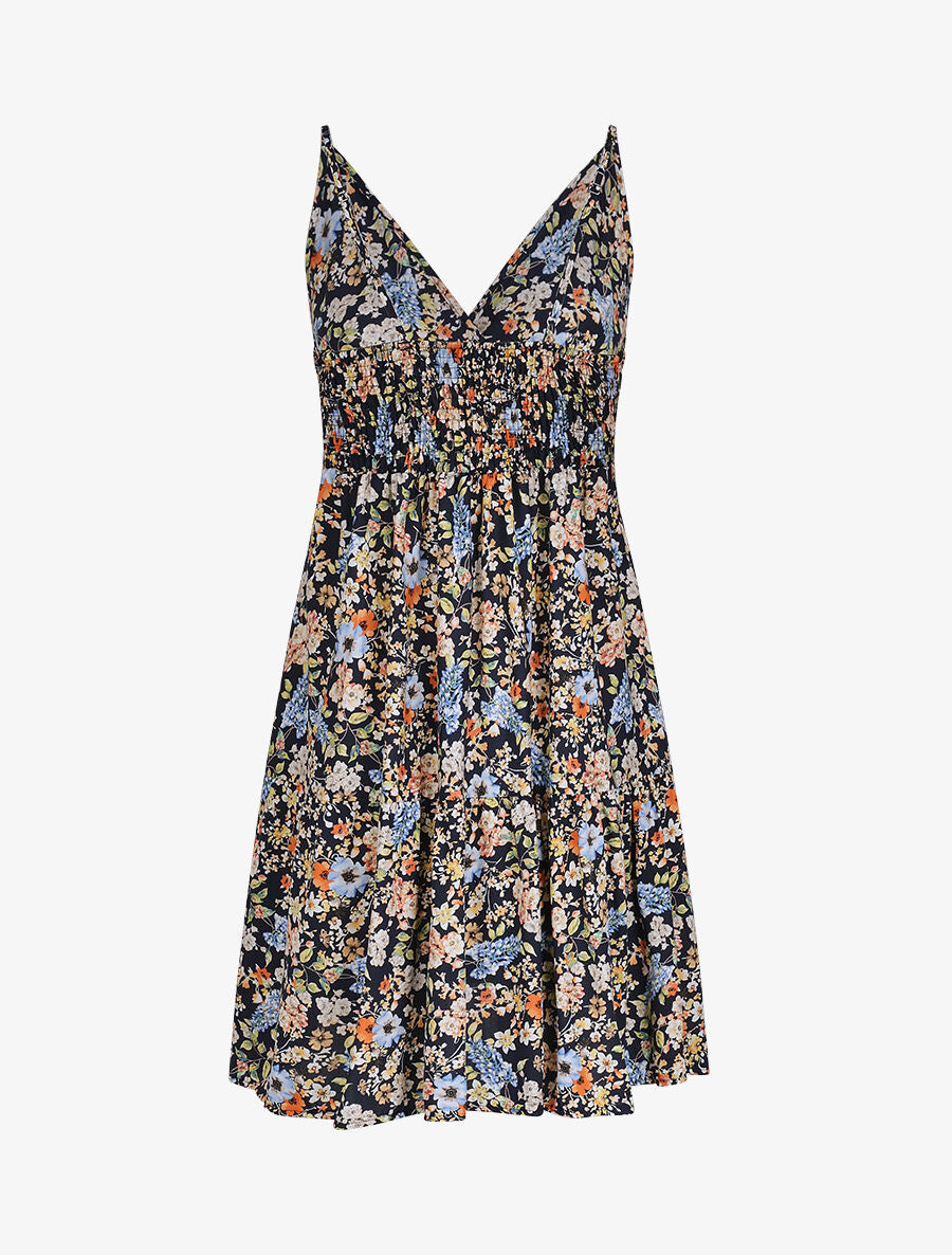 Robe patineuse mi-longue à imprimé fleurs printanières - Marine - 2