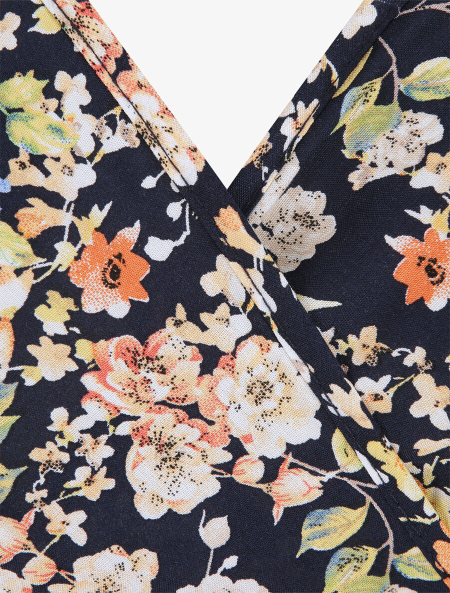 Robe patineuse mi-longue à imprimé fleurs printanières - Marine - 3