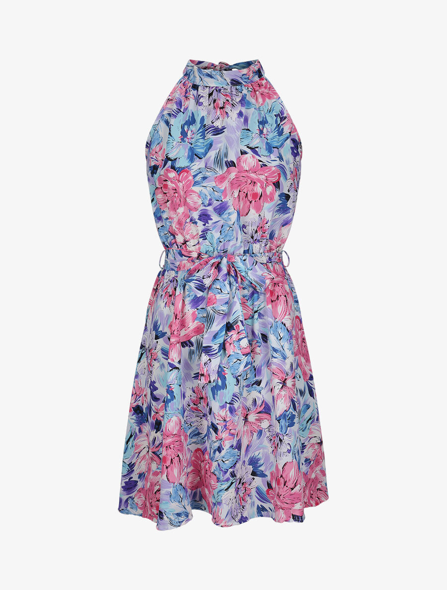 Robe cintrée imprimé grandes fleurs à col américain - Bleu - 4