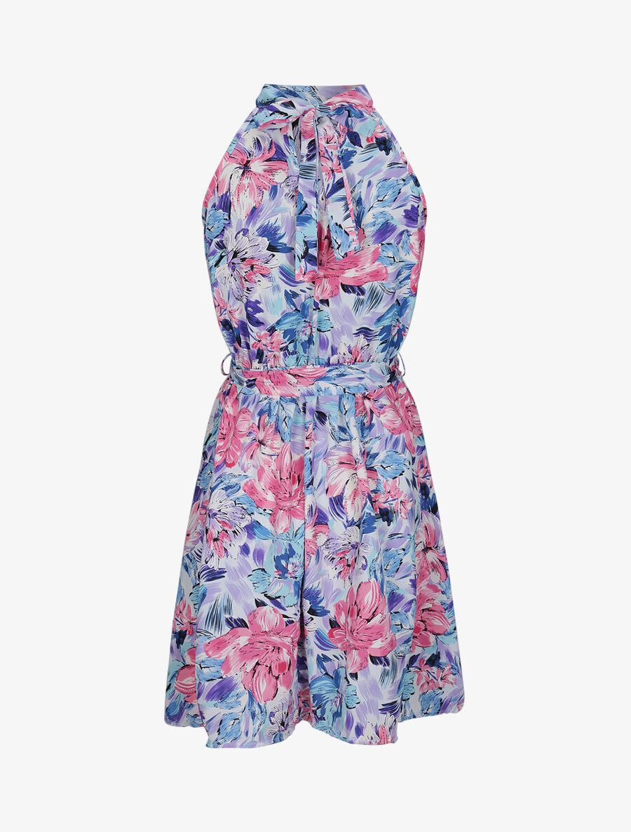 Robe cintrée imprimé grandes fleurs à col américain - Bleu - 2