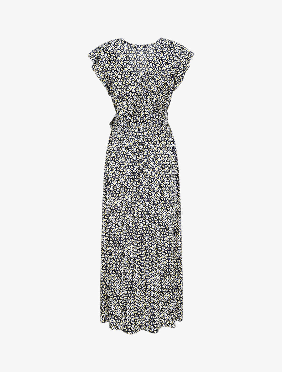 Robe longue empire à épaules volantées imprimé marguerites stylisées - Marine - 2