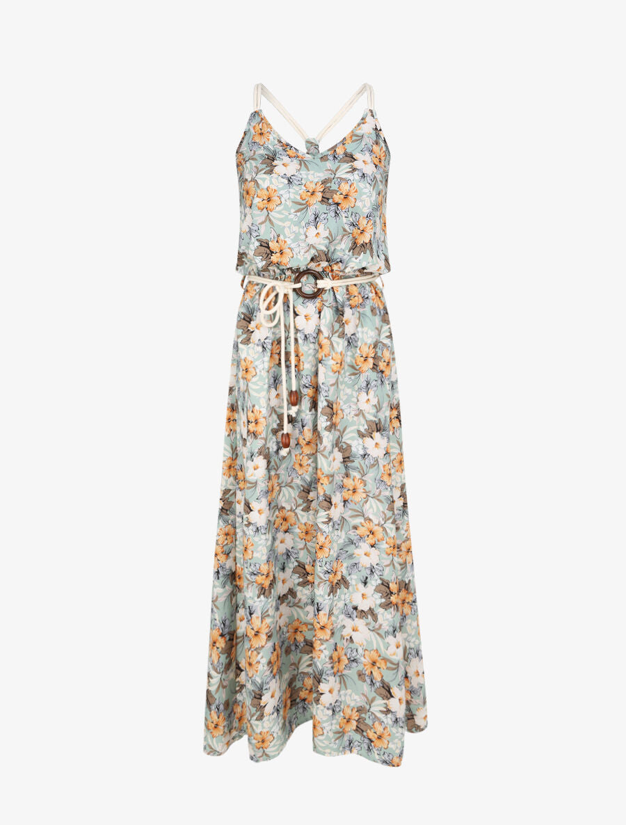 Robe longue imprimé floral à bretelles en cordelettes - Vert d&