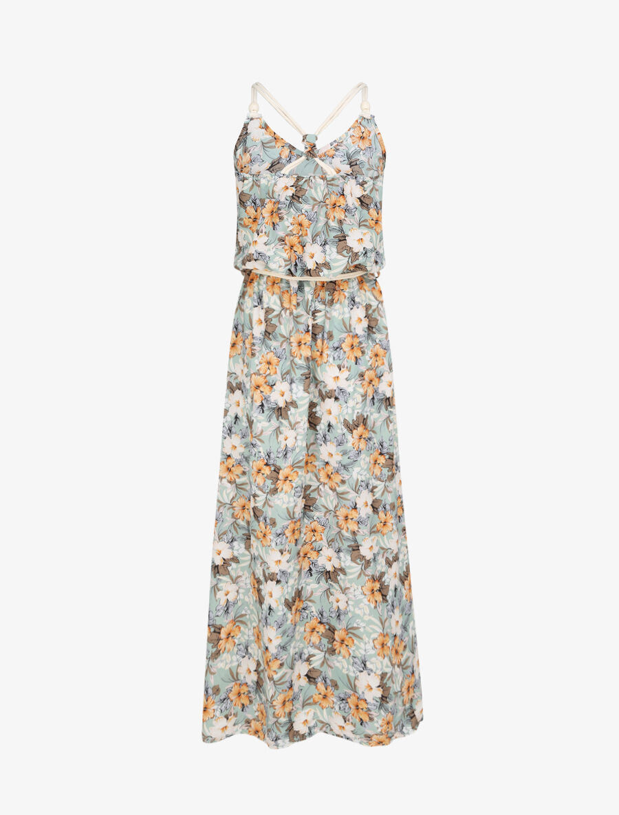 Robe longue imprimé floral à bretelles en cordelettes - Vert d&