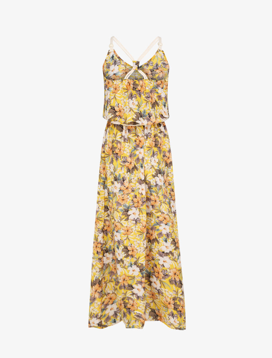 Robe longue imprimé floral à bretelles en cordelettes - Jaune - 2