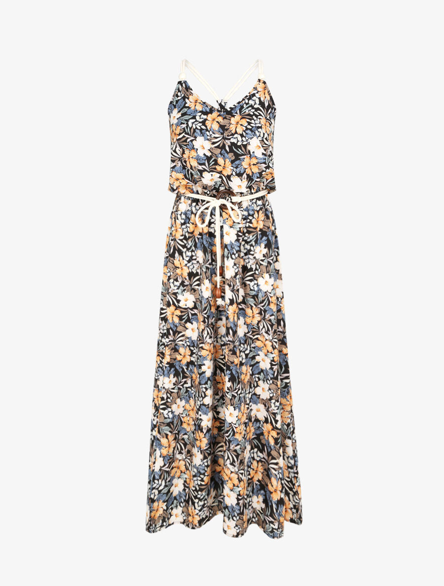 Robe longue imprimé floral à bretelles en cordelettes - Marine - 1