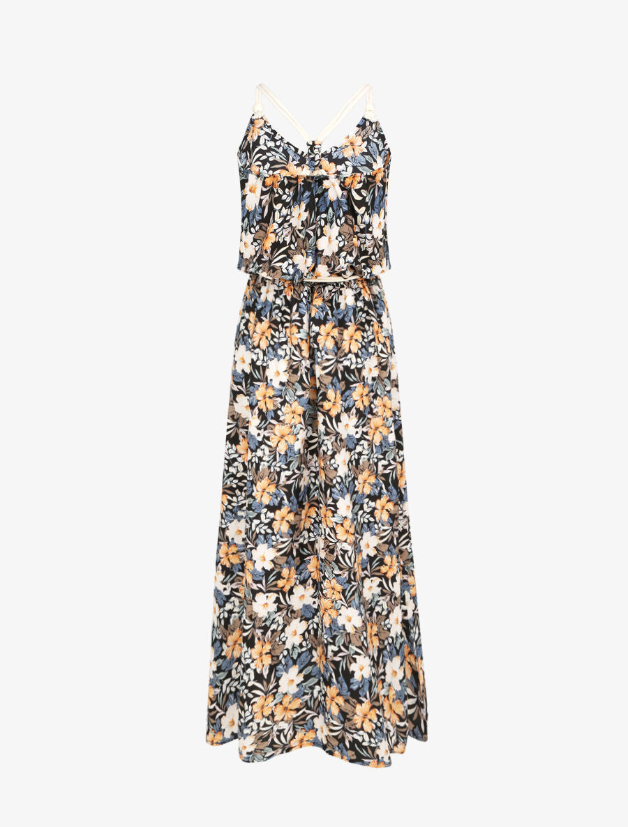 Robe longue imprimé floral à bretelles en cordelettes - Marine - 2