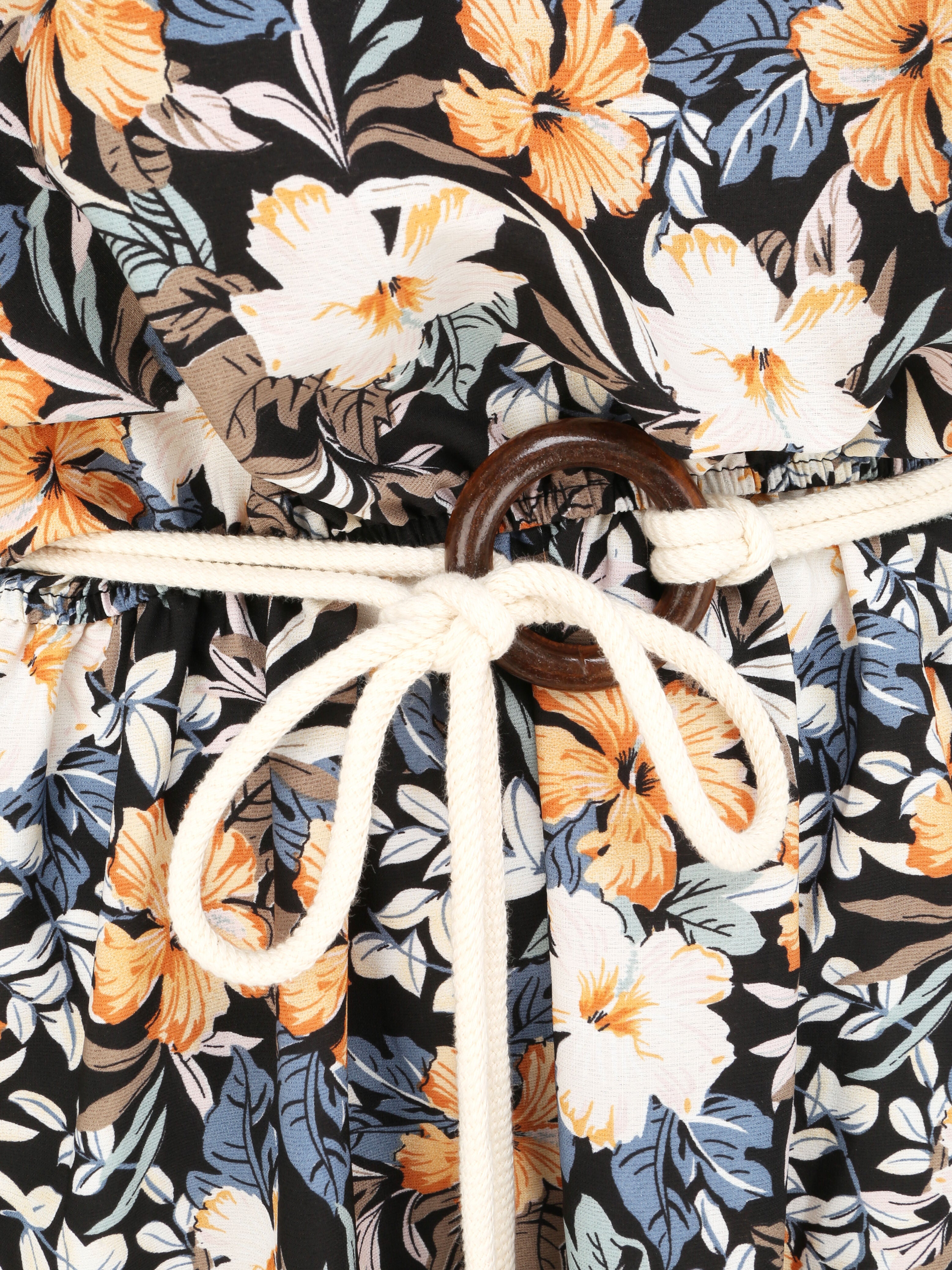 Robe longue imprimé floral à bretelles en cordelettes - Marine - 3