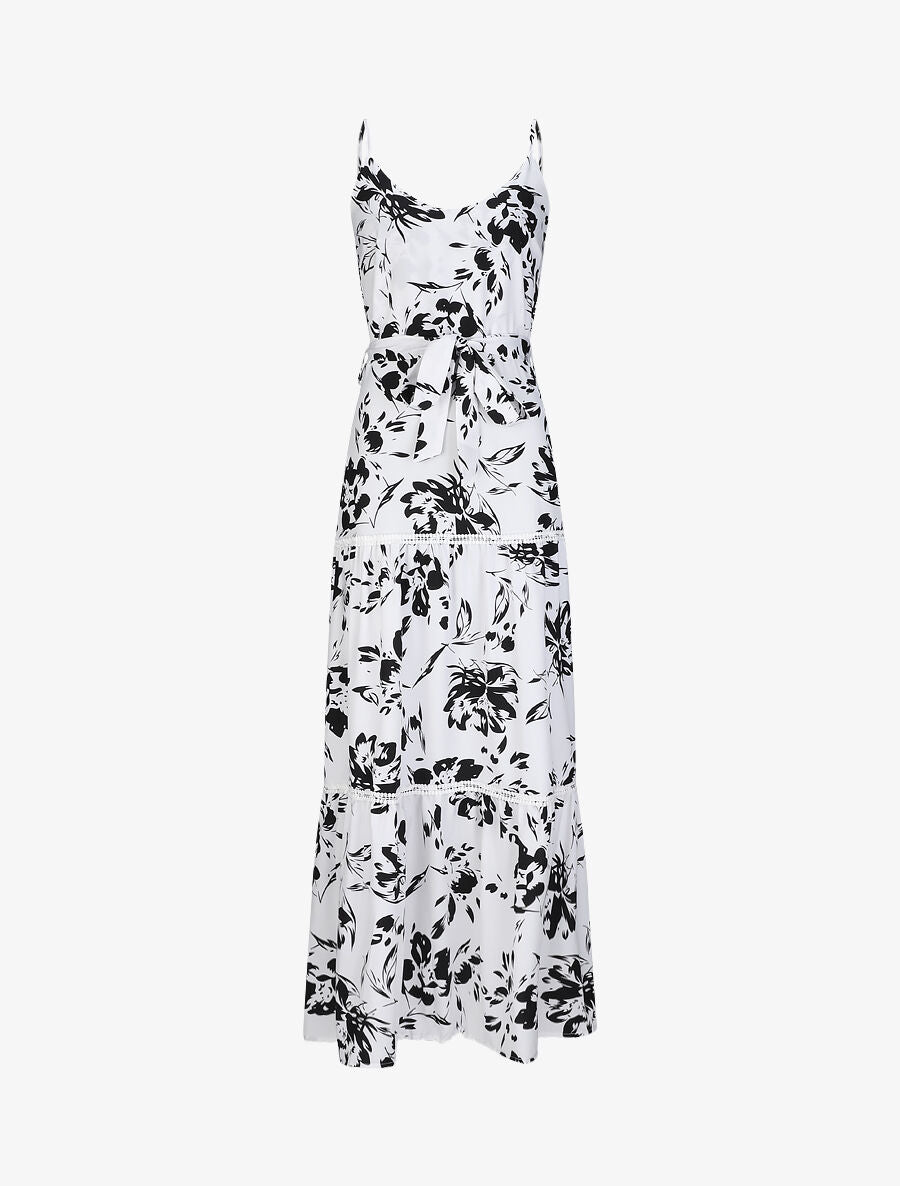 Robe longue patineuse imprimé fleurs contrastantes - Blanc - 5