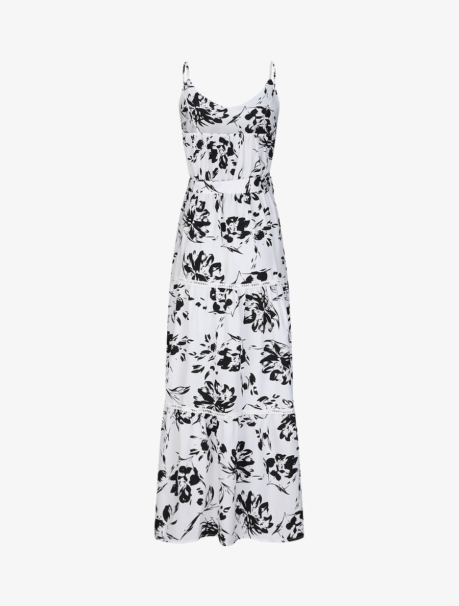Robe longue patineuse imprimé fleurs contrastantes - Blanc - 2