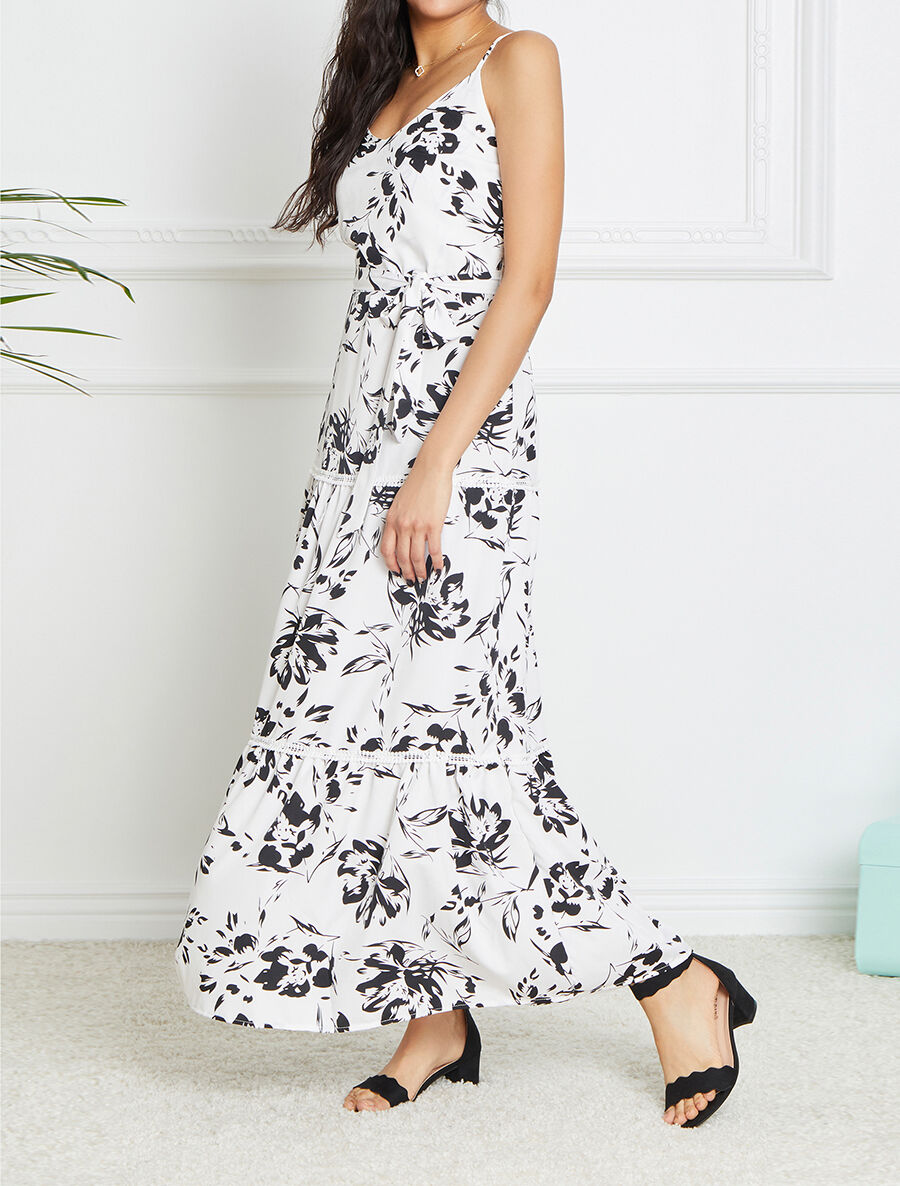 Robe longue patineuse imprimé fleurs contrastantes - Blanc - 4