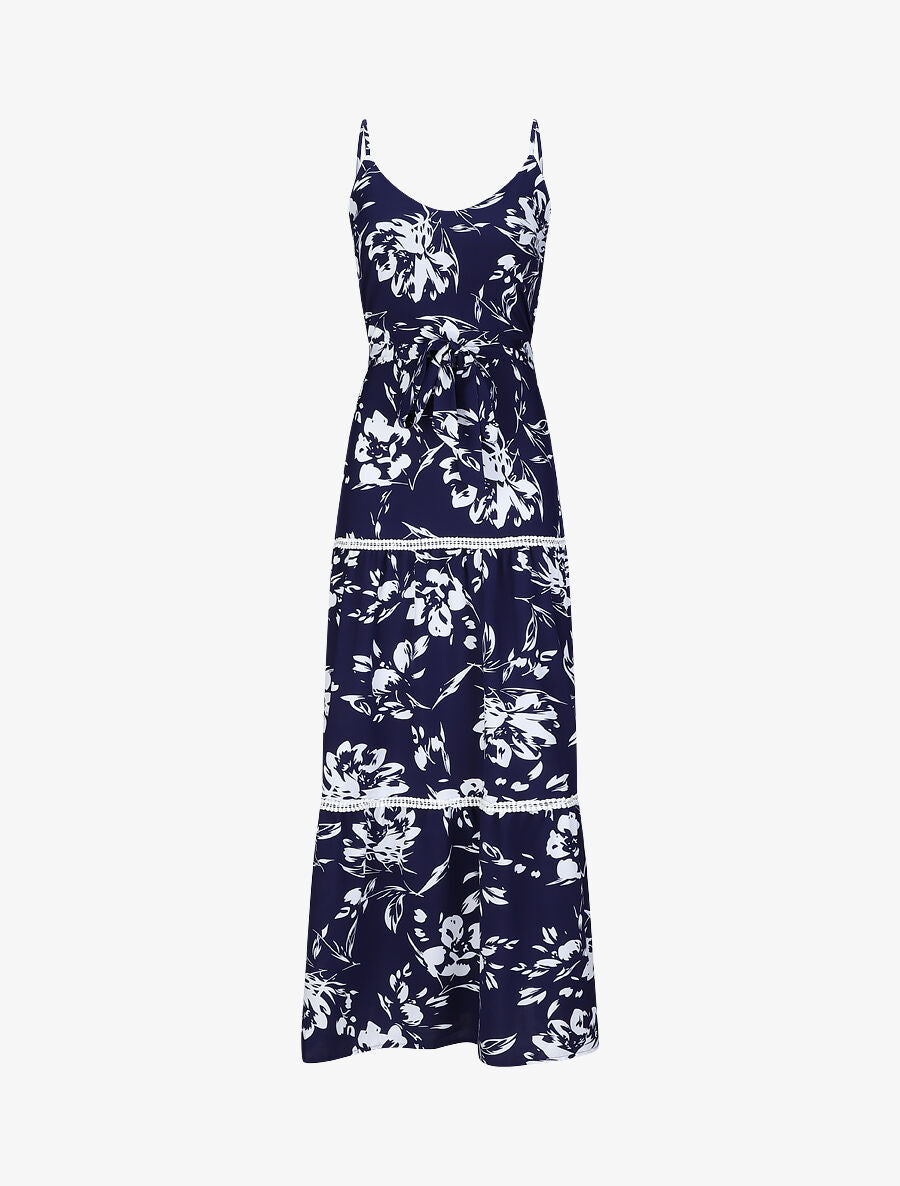 Robe longue patineuse imprimé fleurs contrastantes - Bleu - 5