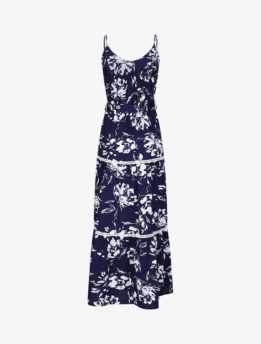 Robe longue patineuse imprimé fleurs contrastantes - Bleu - 2
