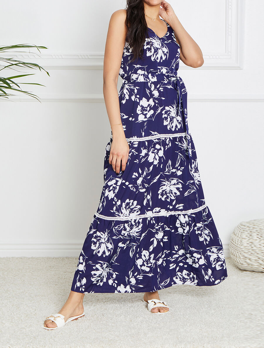 Robe longue patineuse imprimé fleurs contrastantes - Bleu - 4