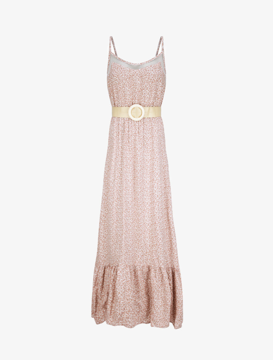 Robe longue à col à détail tulle - Rose - 1