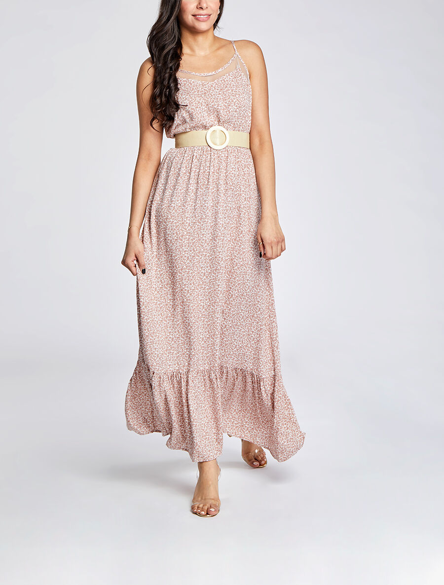 Robe longue à col à détail tulle - Rose - 3