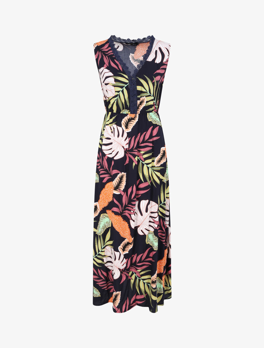 Robe longue en coton imprimé fleurs tropicales - Marine - 1
