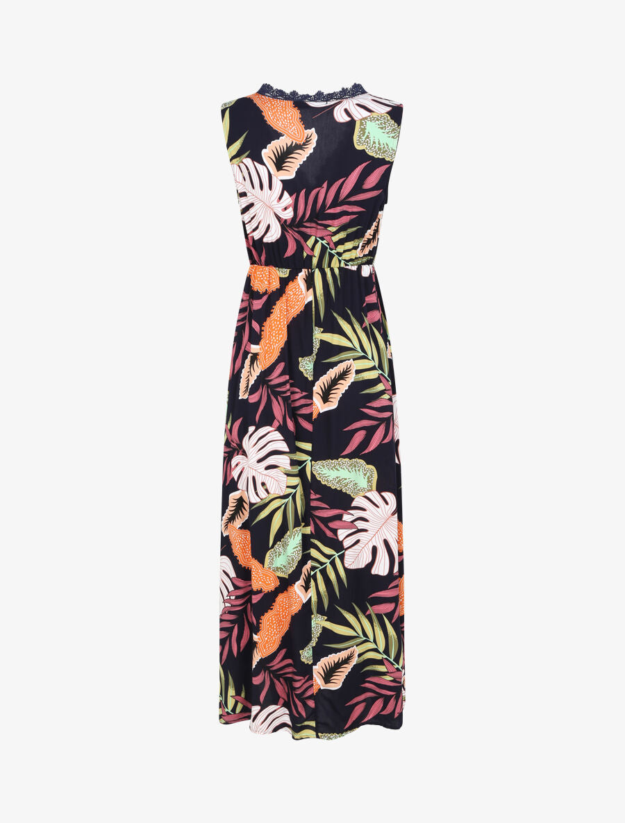 Robe longue en coton imprimé fleurs tropicales - Marine - 2