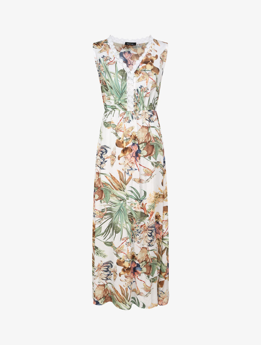 Robe longue en coton imprimé fleurs tropicales - Blanc - 1