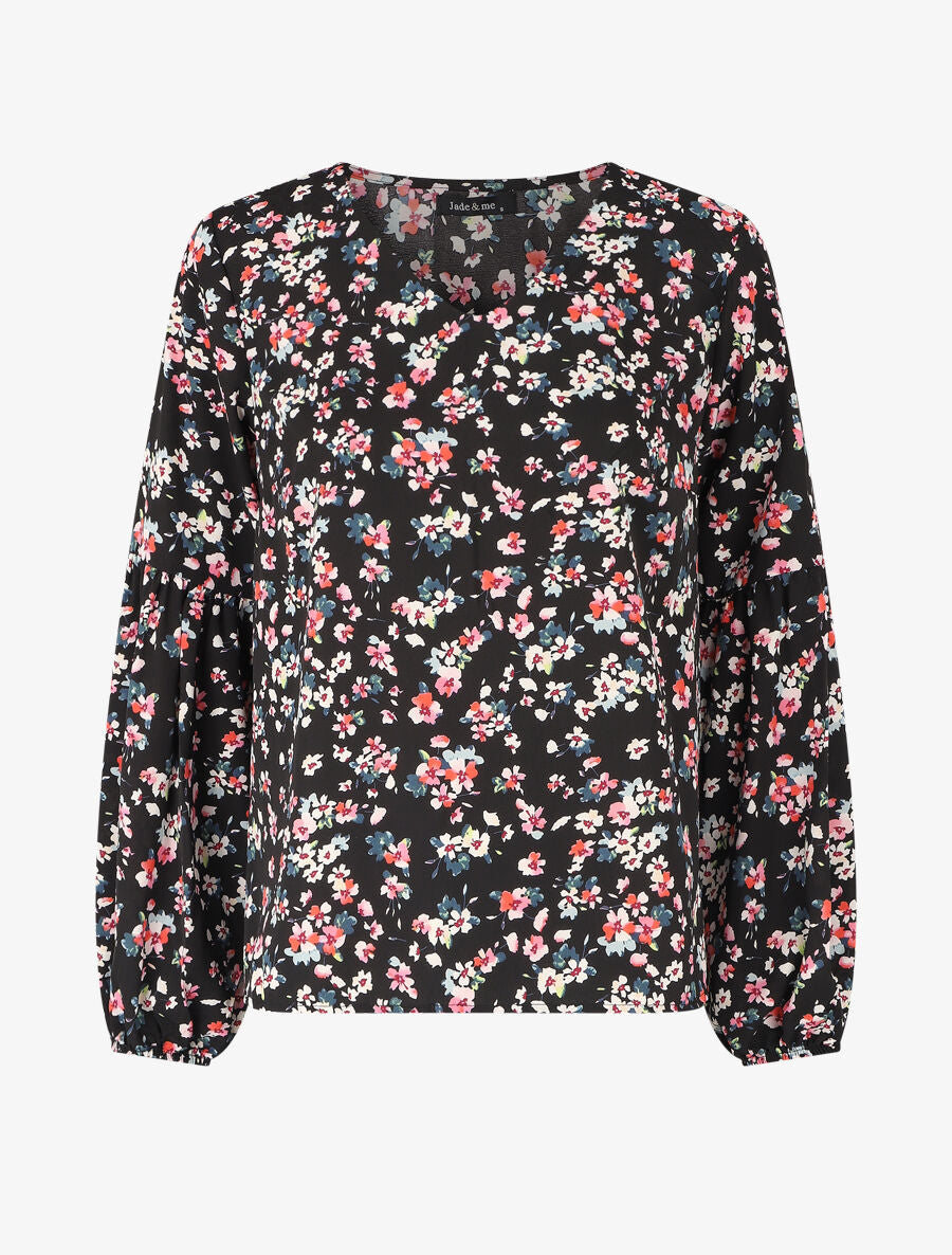 Top ample fleuri à col V - Noir - 5