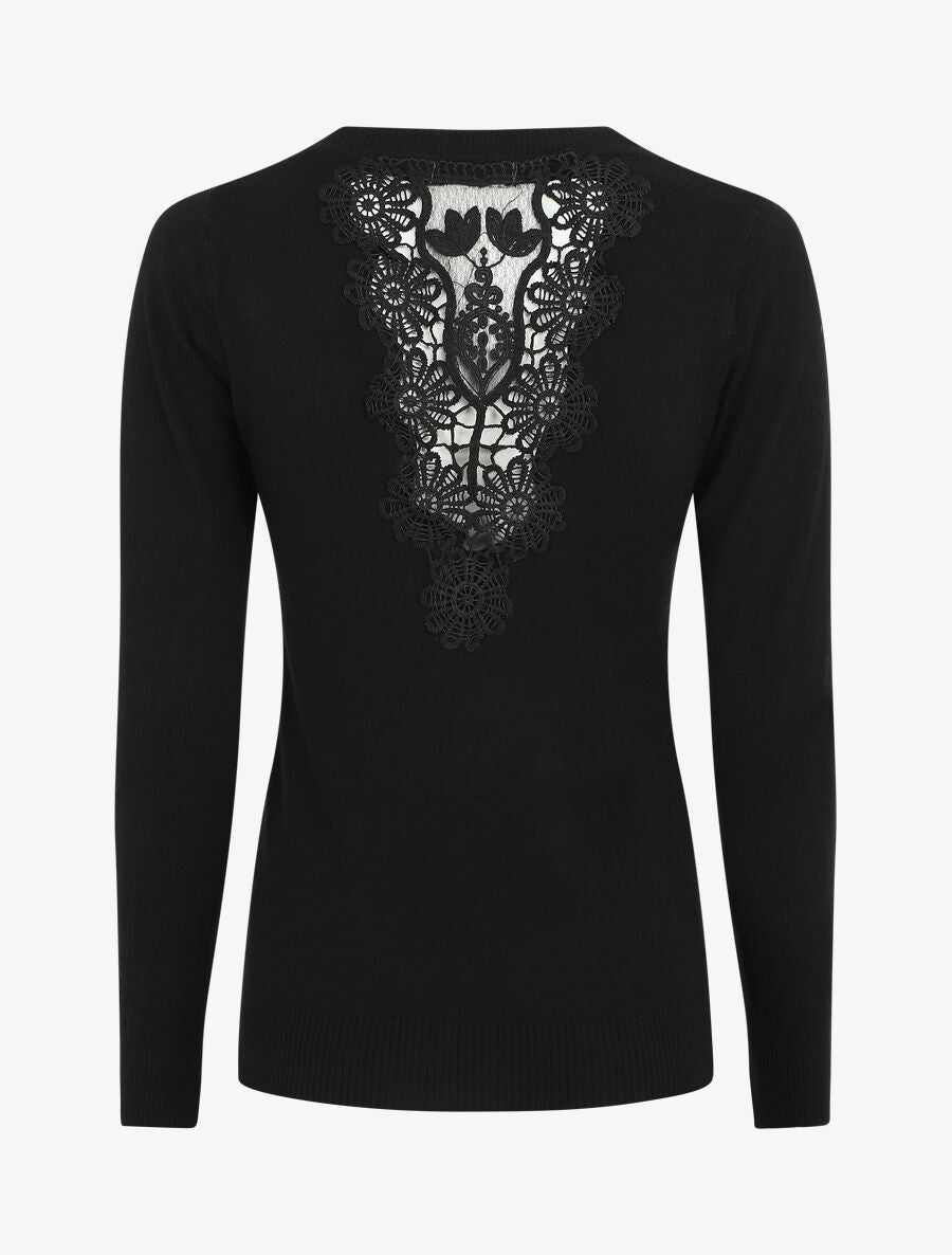 Pull à col rond et dos en dentelle - Noir - 1