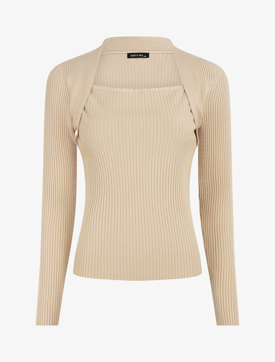 Pull côtelé col carré - Beige - 1