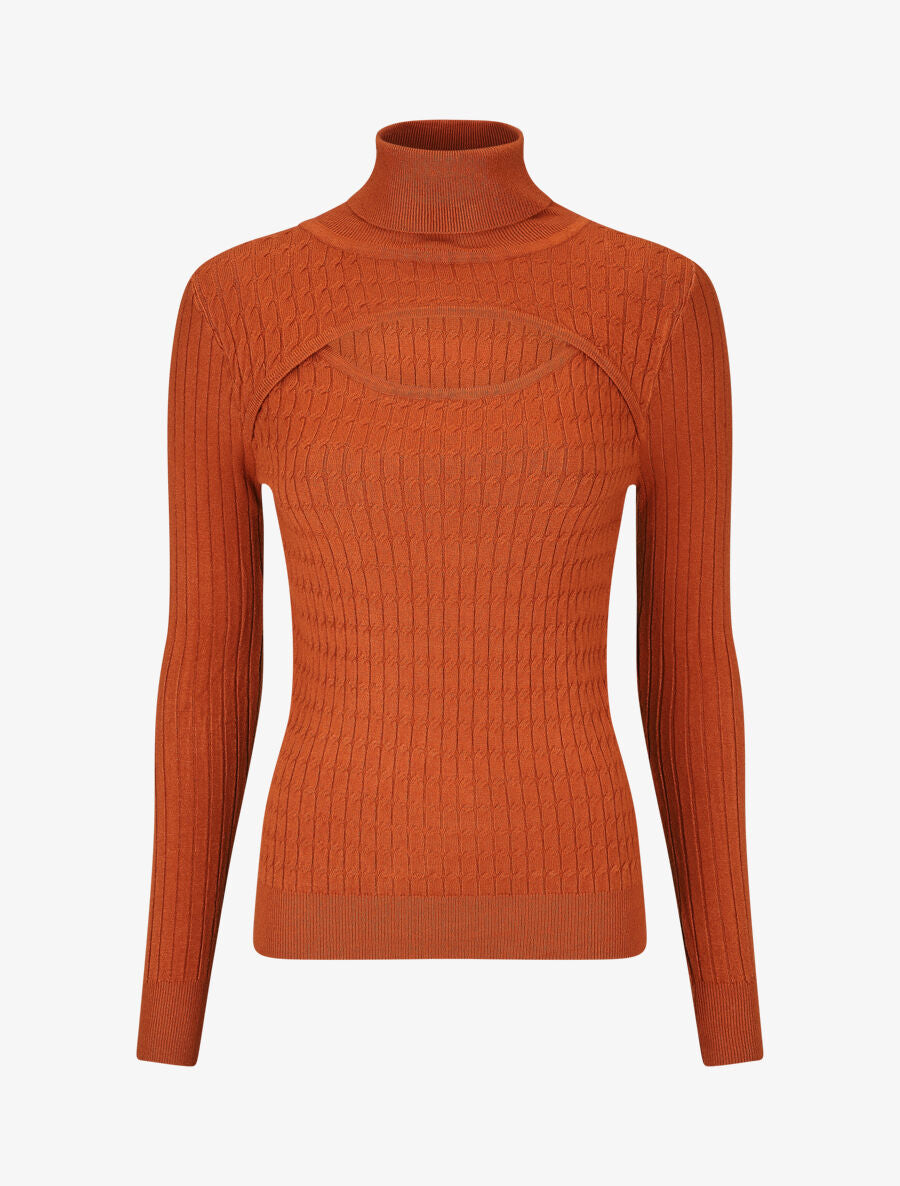 Pull col montant et decolleté ajouré - Camel - 5