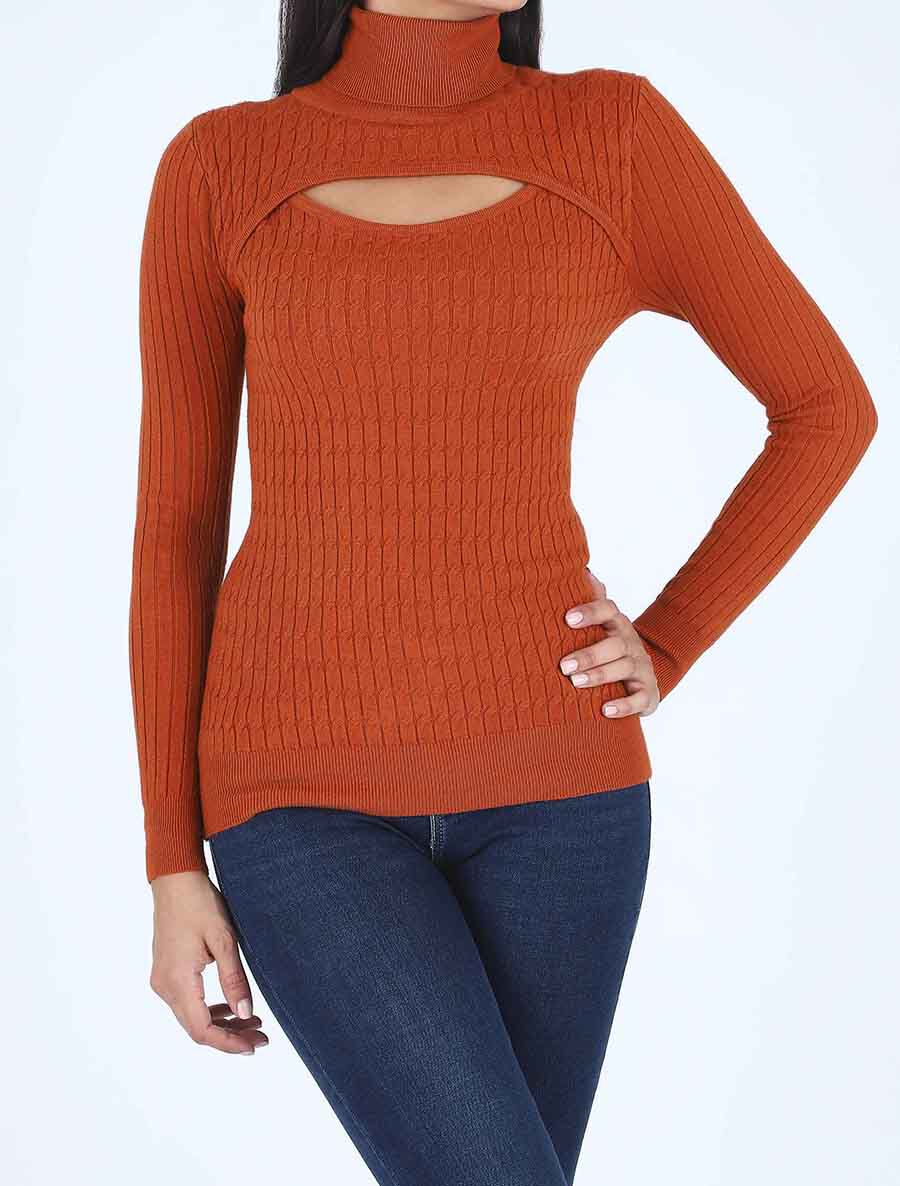 Pull col montant et decolleté ajouré - Camel - 4