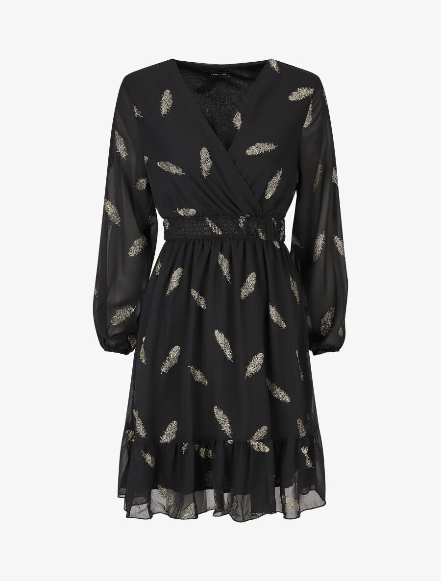 Robe mi-longue à imprimé plumes dorées - Noir - 5