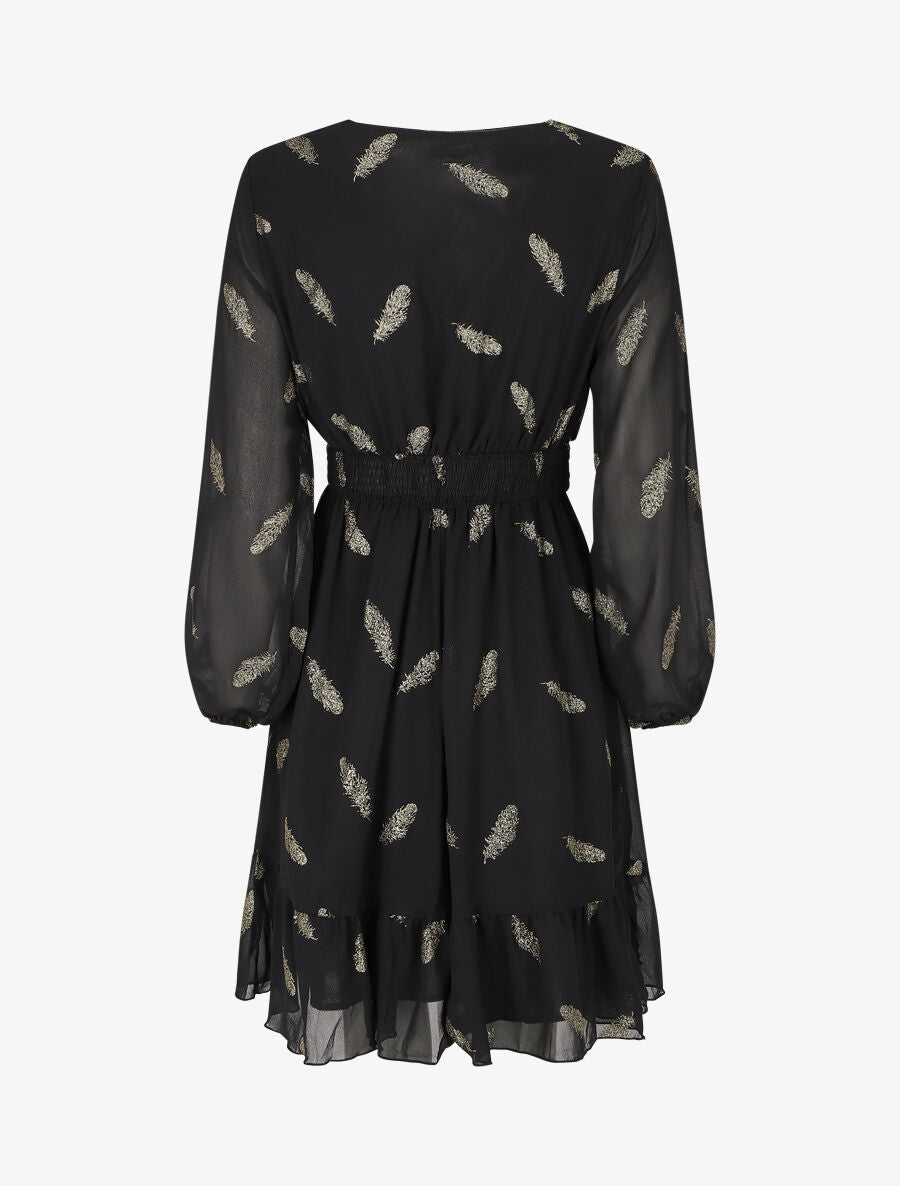 Robe mi-longue à imprimé plumes dorées - Noir - 2