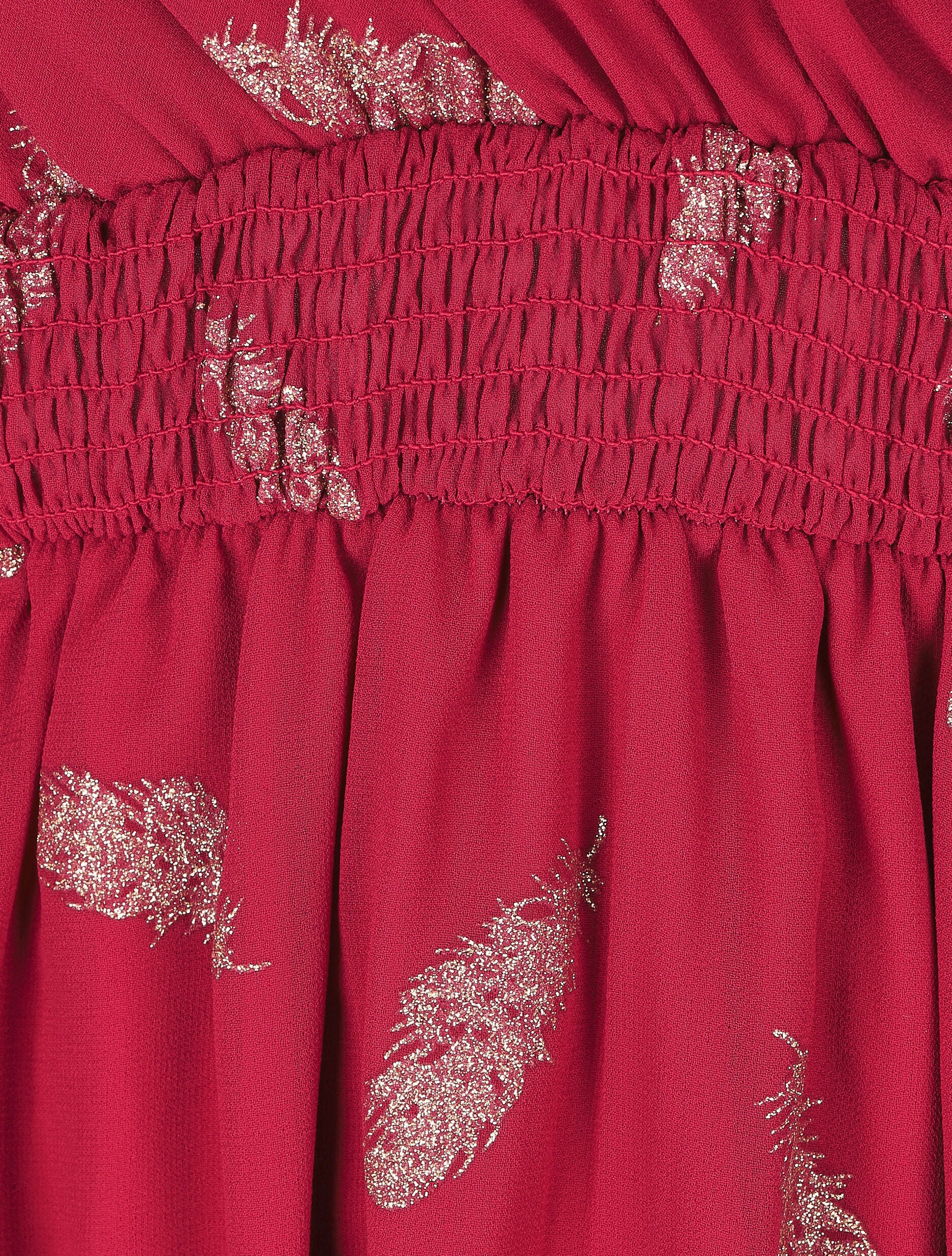Robe mi-longue à imprimé plumes dorées - Bordeaux - 3