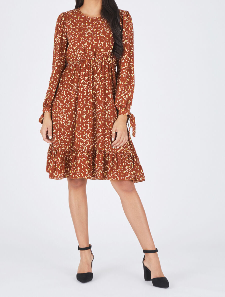 Robe évasée imprimé feuilles irisées - Marron - 4