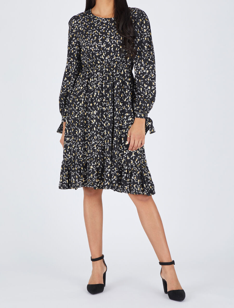 Robe évasée imprimé feuilles irisées - Noir - 4