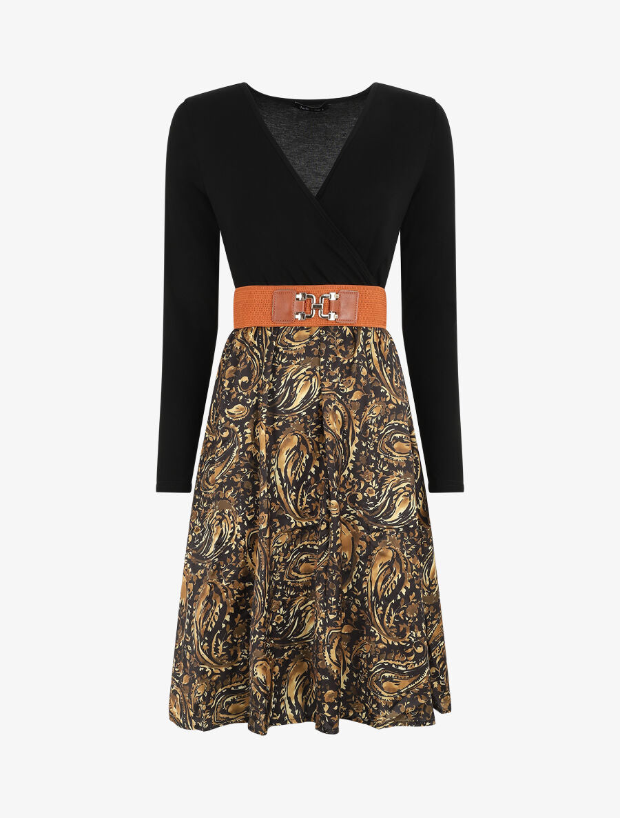 Robe évasée bi-matière imprimé cachemire - Noir - 4