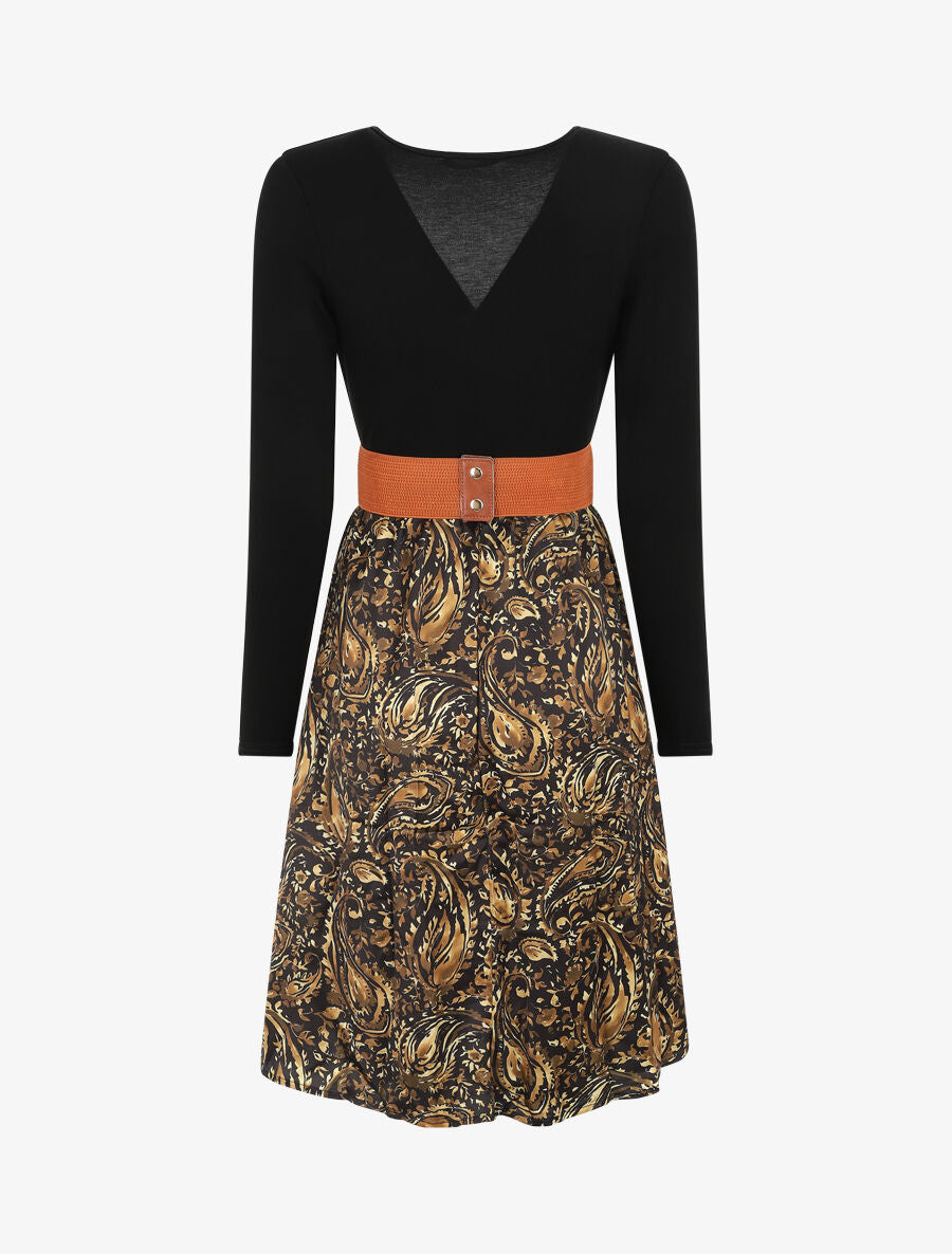 Robe évasée bi-matière imprimé cachemire - Noir - 2