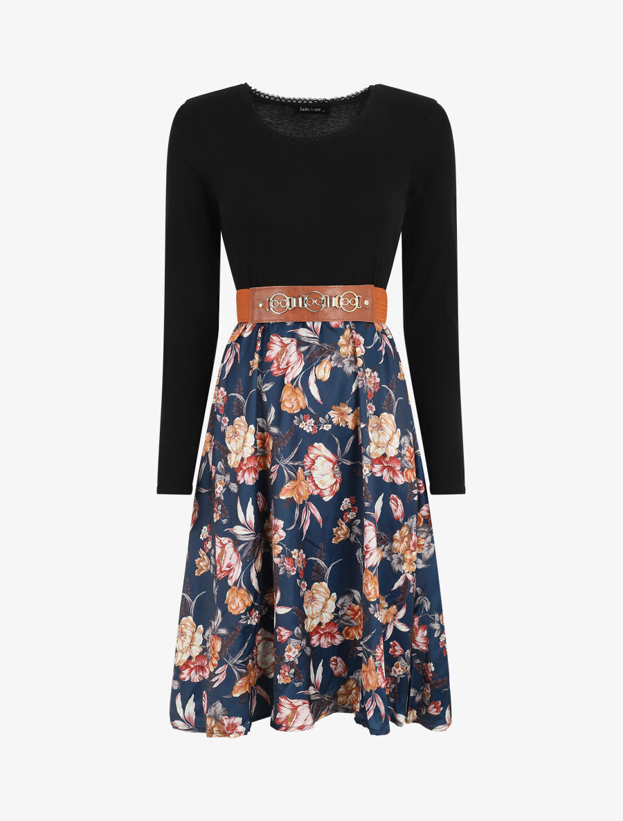 Robe bicolore à imprimé floral - Marine - 4