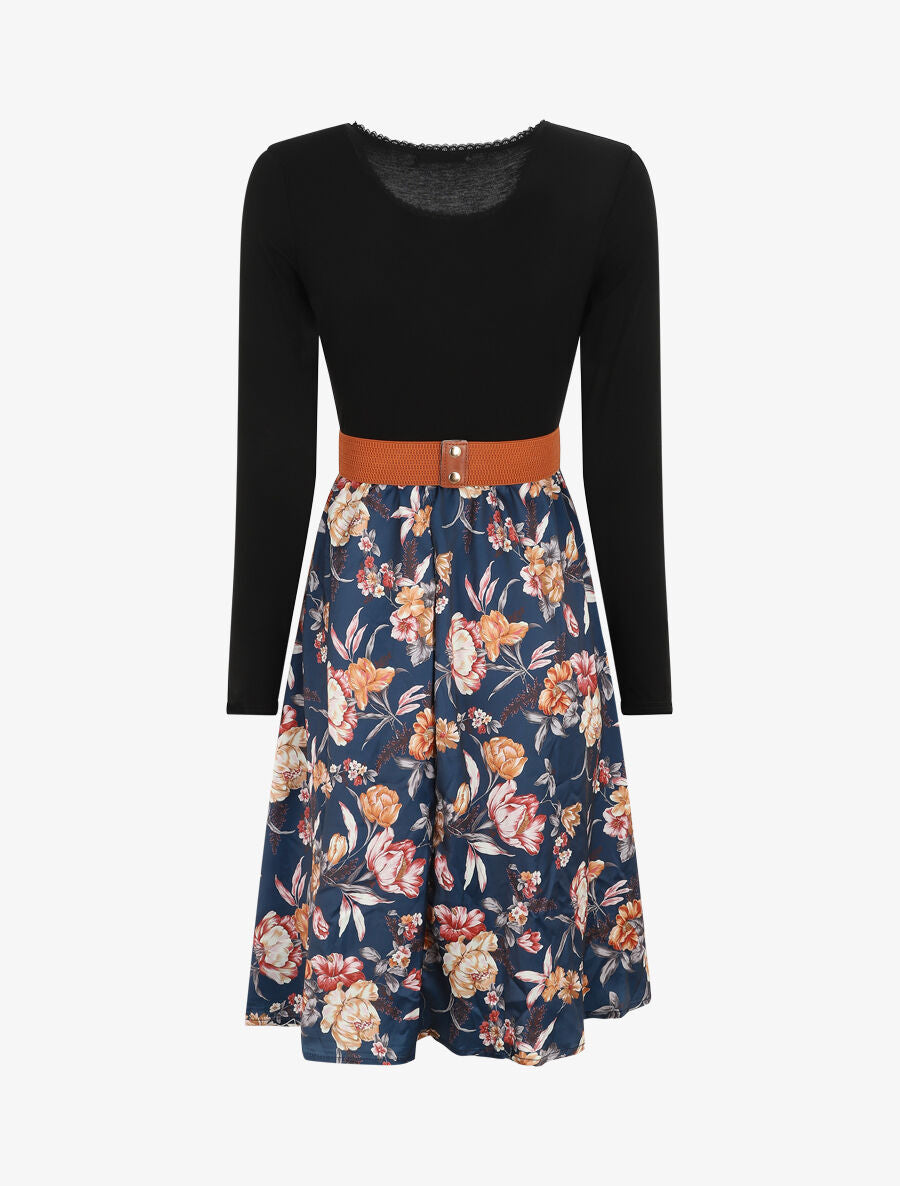Robe bicolore à imprimé floral - Marine - 2